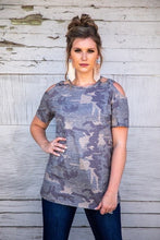 Load image into Gallery viewer, Vintage Camo Cold Shoulder Criss Cross Top Plus