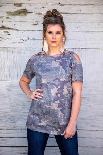 Vintage Camo Cold Shoulder Criss Cross Top Plus