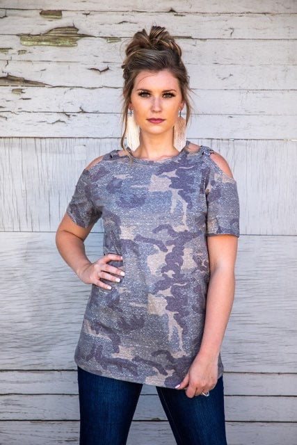 Vintage Camo Cold Shoulder Criss Cross Top Plus