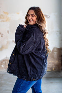 DISTRESSED BLACK STONE WASH DENIM JACKET