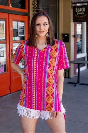 PINK MUSTARD AZTEC SHORT SLEEVE SCOOP NECK TOP