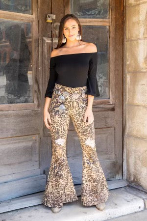 BROWN LEOPARD WITH ROSE GOLD SEQUIN KNEE PATCH FLARE JEANS