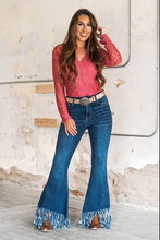 Load image into Gallery viewer, DARK WASH HIGH RISE FLARE FRAYED JEANS