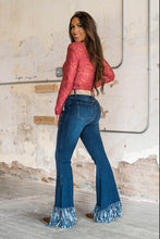 Load image into Gallery viewer, DARK WASH HIGH RISE FLARE FRAYED JEANS