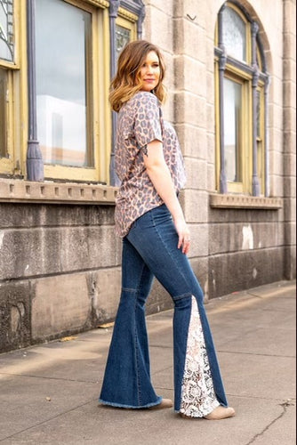 DARK WASH FLARE JEANS WITH LACE INSERTED