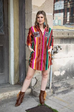RED SERAPE BUTTON DOWN DRESS WITH SEQUIN POCKETS