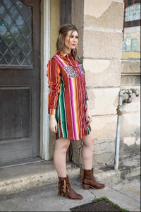 RED SERAPE BUTTON DOWN DRESS WITH SEQUIN POCKETS