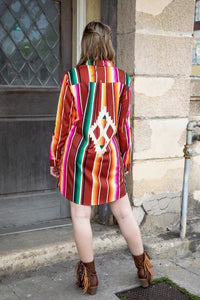 RED SERAPE BUTTON DOWN DRESS WITH SEQUIN POCKETS