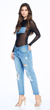 Load image into Gallery viewer, Sheer Long Sleeve Denim Patch Bodysuit
