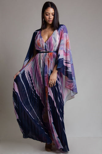 Purple Cape Pleated Dress
