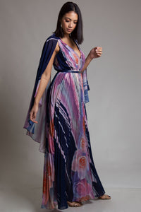 Purple Cape Pleated Dress