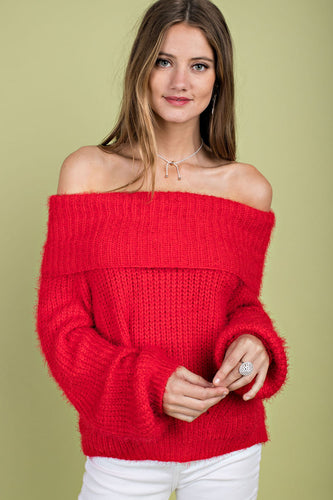 Red Off The Shoulder Plush Drop Sleeve Sweater