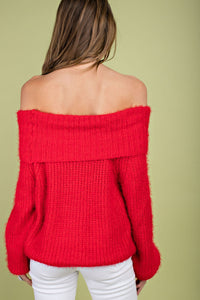 Red Off The Shoulder Plush Drop Sleeve Sweater