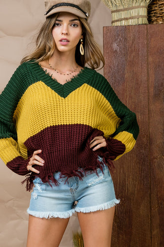 V-Neck Huntergreen Multi Frayed Sweater