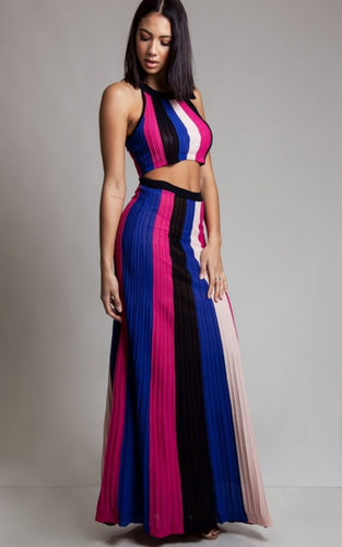 Multi Color Stripe Pleated Long Skirt Set