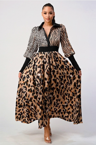 Multi Print Long Sleeve Maxi Dress