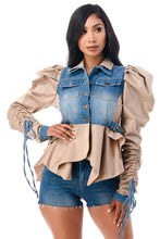 Load image into Gallery viewer, Double Collar Adjustable Tie Puff Khaki Long Sleeve Ruffle Jacket