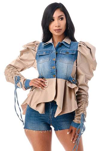 Double Collar Adjustable Tie Puff Khaki Long Sleeve Ruffle Jacket