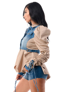 Double Collar Adjustable Tie Puff Khaki Long Sleeve Ruffle Jacket