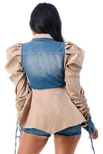 Load image into Gallery viewer, Double Collar Adjustable Tie Puff Khaki Long Sleeve Ruffle Jacket