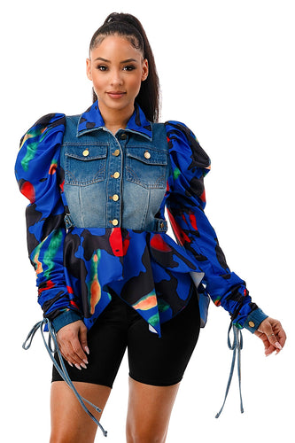 Double Collar Adjustable Tie Puff Blue Combo Long Sleeve Ruffle Jacket