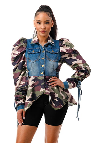 Double Collar Adjustable Tie Puff Camo Combo Long Sleeve Ruffle Jacket