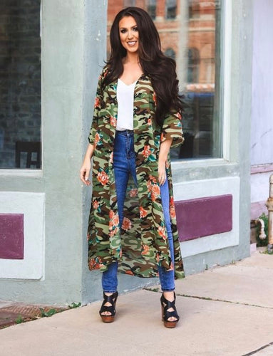(L) Camo Floral 3/4 Sleeve Duster W/Slits On Side