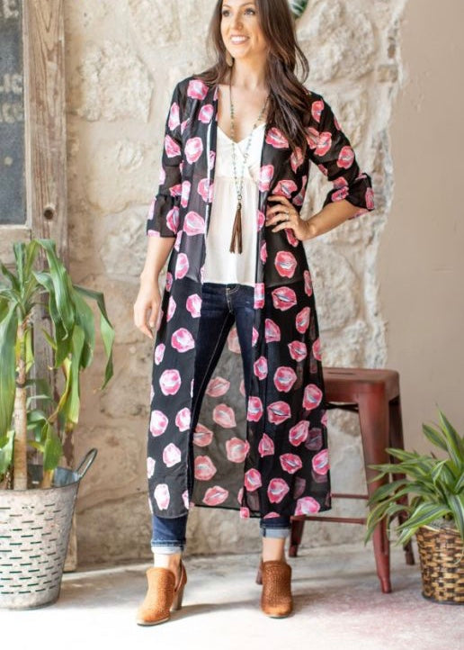 (XL) Pink Grey Aztec 3/4 Sleeve Duster W/Slits On Side