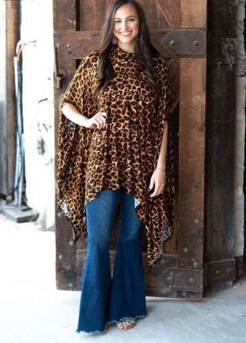 Over Sized Flowy Boho Cold Shoulder Amber Leopard Tunic