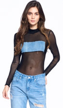 Load image into Gallery viewer, Sheer Long Sleeve Denim Patch Bodysuit