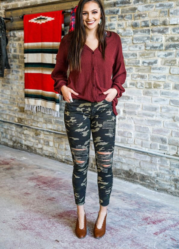 Distressed Camo Ankle Skinny Jeans