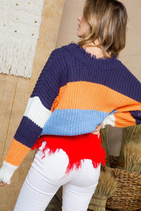 Multi Color Frayed Long Sleeve Sweater